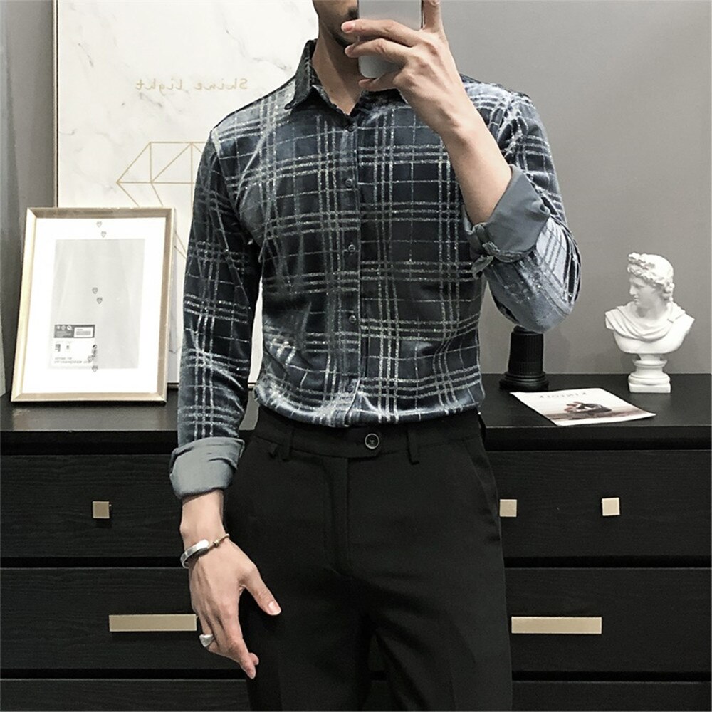 Luxury Velvet Palid Shirs Men Long Sleeve Slim Fit Casual Shirt Spring Business Formal Dress Shirts Social Party Clothing