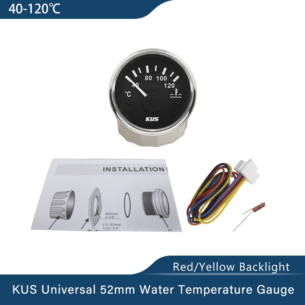 KUS Universal 52mm(2") Car Water Temp Temperature Gauge Meter Indicator 40-120℃ 12V 24V Red Yellow Backlight Optional