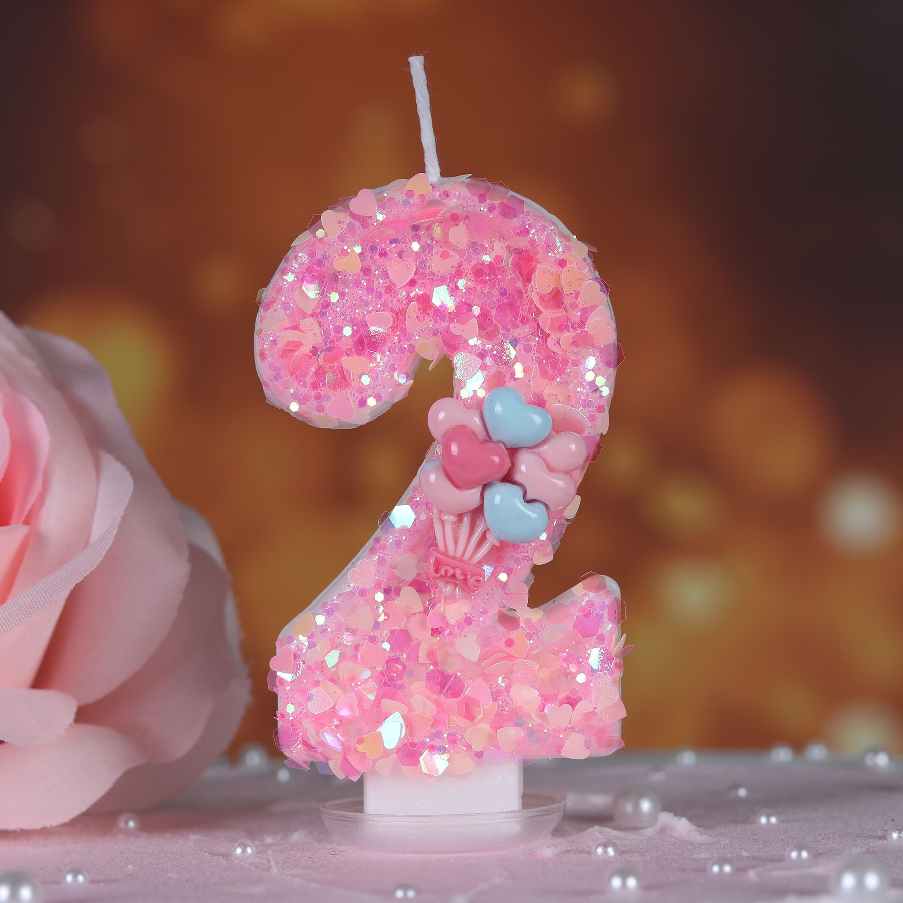 Różowy numer tortu zdobiony świeca brokat urodziny miłość balon cyfrowa świeca ozdoba na wierzch tortu urodziny dekoracja tortu weselnego: Oliwa