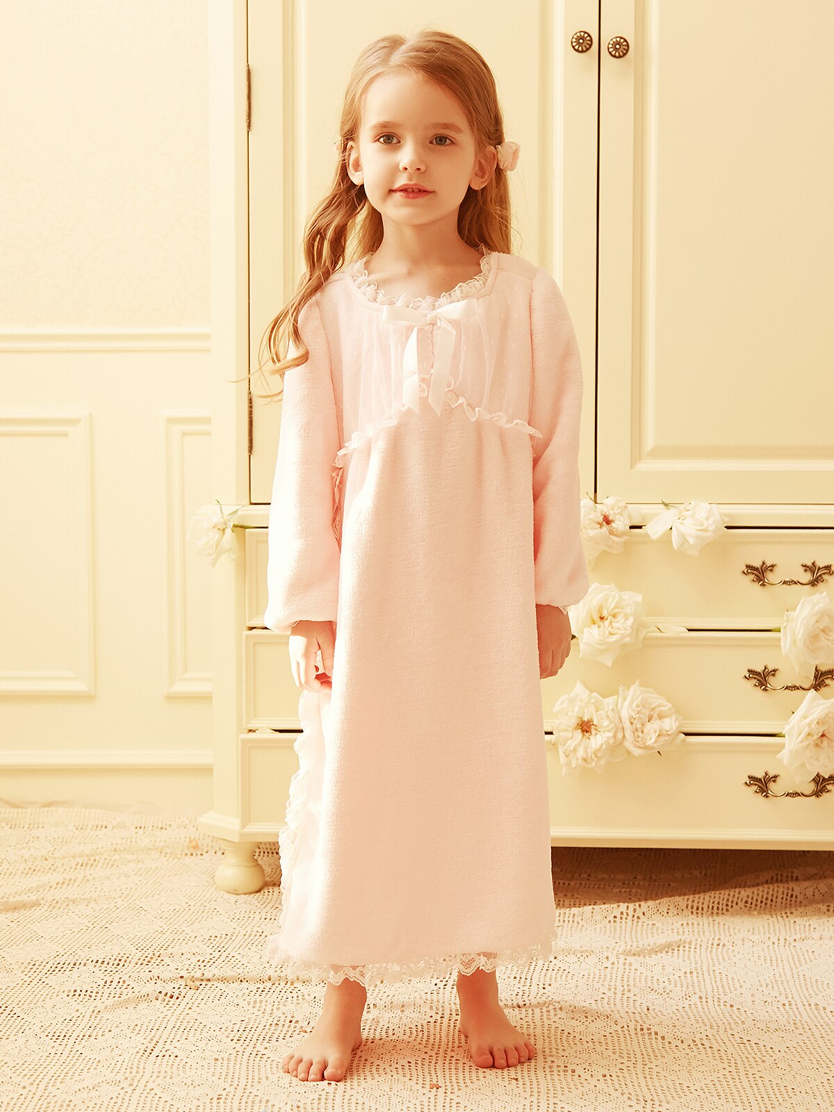 Winter Girls Flannel Nightgown Long Sleeve Lace Hem Nightdress 3-12y Kid Thicken Warm Sleeping Dress Baby Girl Leisure Home Wear