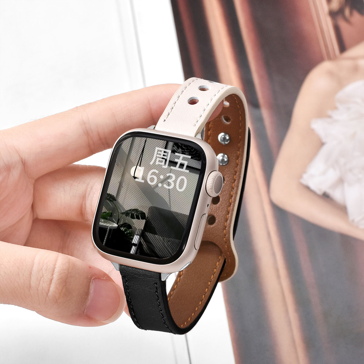 Tynd pu-læderrem til apple watch-rem 10 42/46mm 41/45 mm slank rem til iwatch loop  s9/8/7 se 6/5/4 40/44mm 42mm 38mm: Sort grøn / 18mm