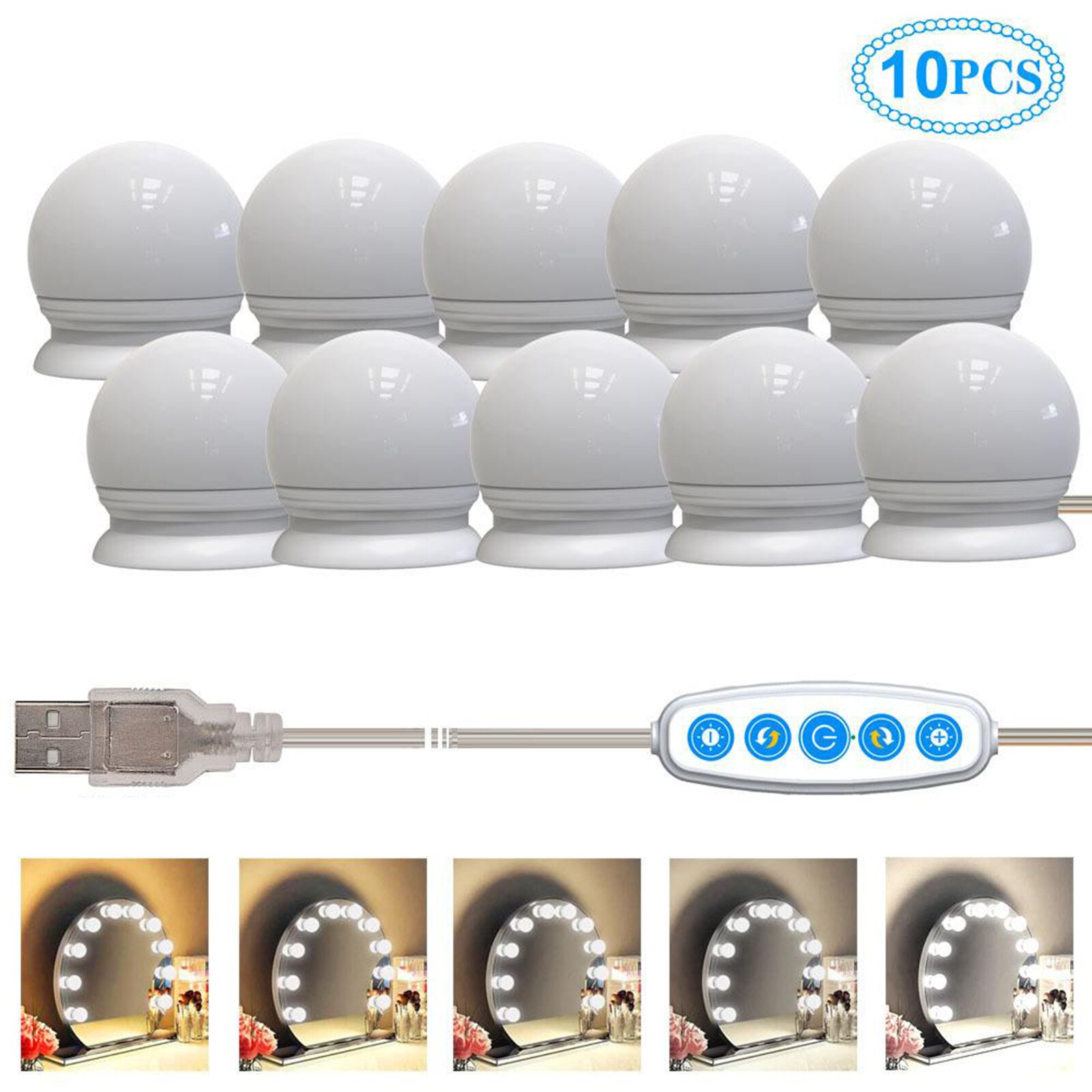 Juego de luces de LED para espejo de tocador Hollywood, 10 bombillas regulables para maquillaje