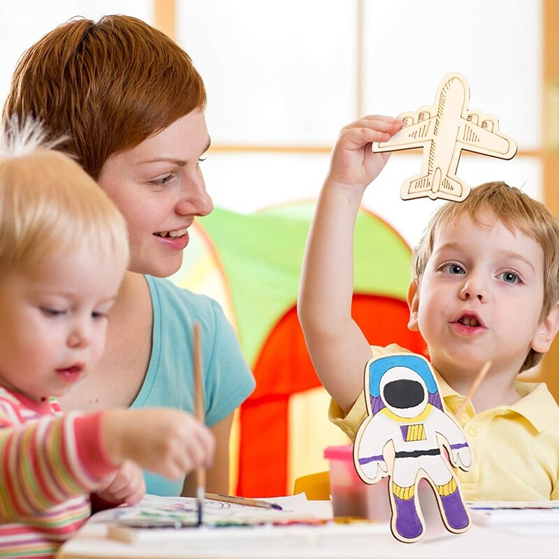 45 stück holzfiguren zum bemalen, weltraummotiv, unfertige holzrohlinge, diy-kunstprojekt für kinder, bemalen, heimdekoration