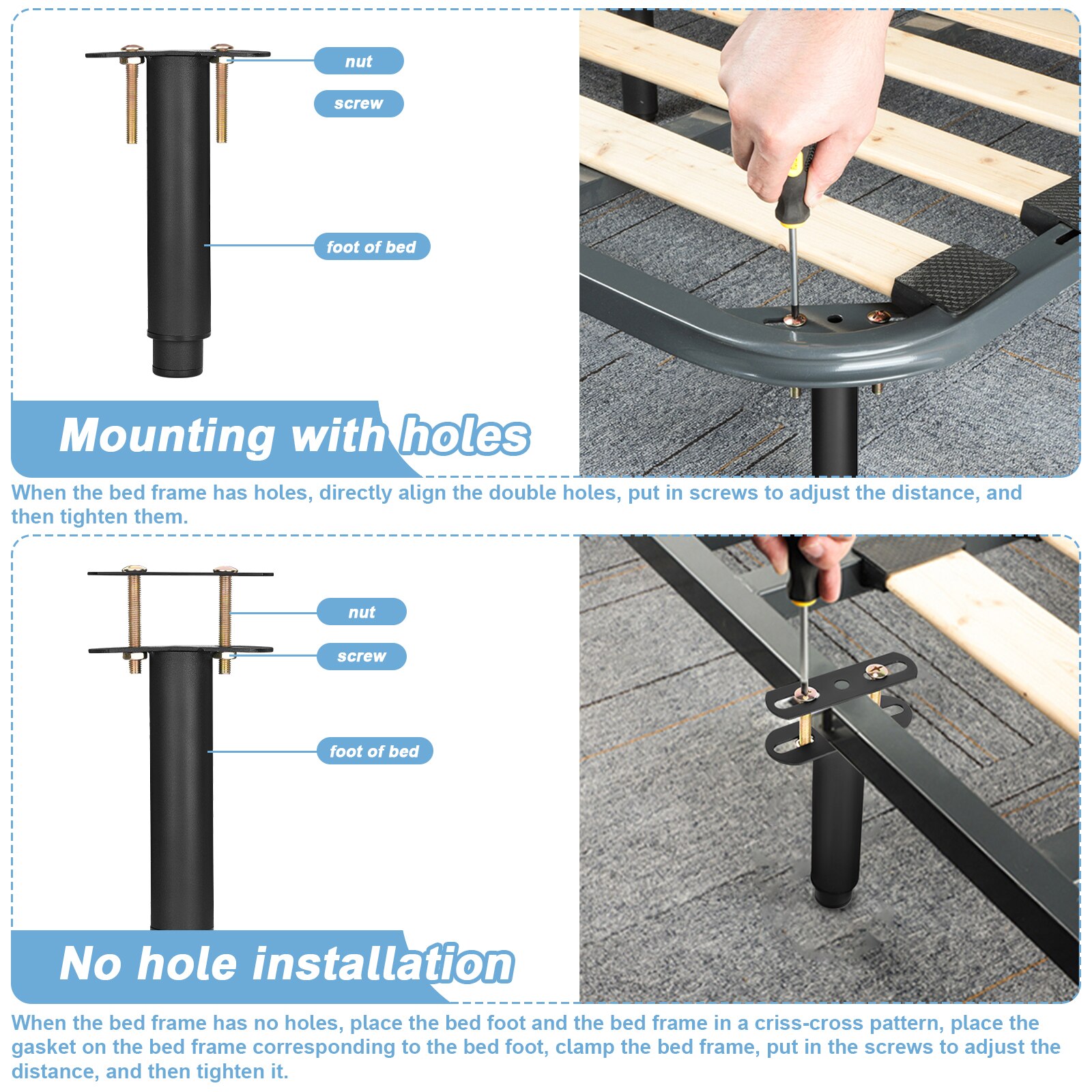 Adjustable Bed Legs Heavy Duty Bed Center Frame Slatted Retractable Support Legs Metal Furniture Support Feet Replacement Parts