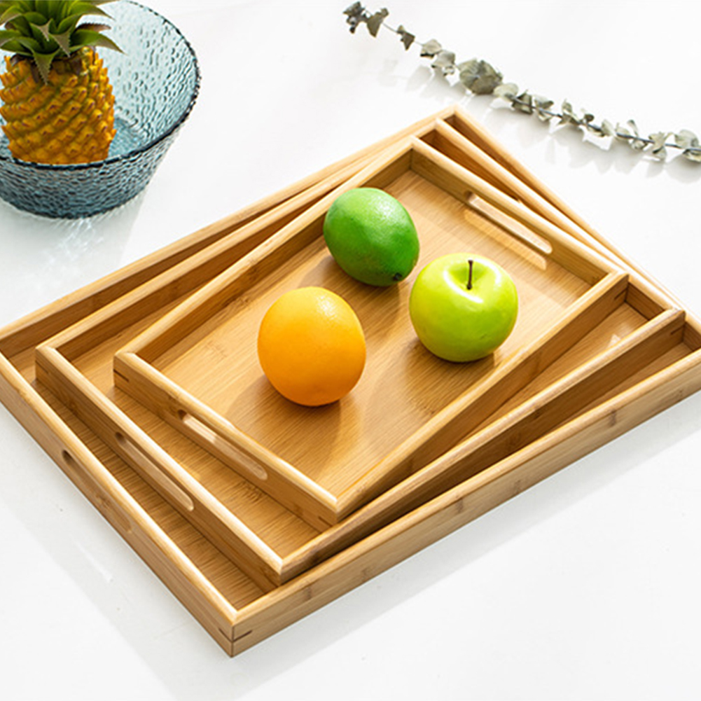 Bamboo Serving Trays Raised Edges Wooden Carry Handles Coffee Food Dinner Platter Platter Serving Breakfast Home Kitchen Tray