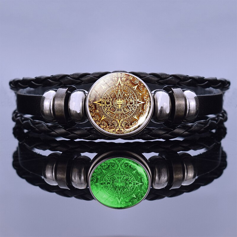Calendario azteco maya luminoso gioielli Steampunk Cabochon in vetro messicano bracciale intrecciato arte bracciale in pelle nera per donna uomo