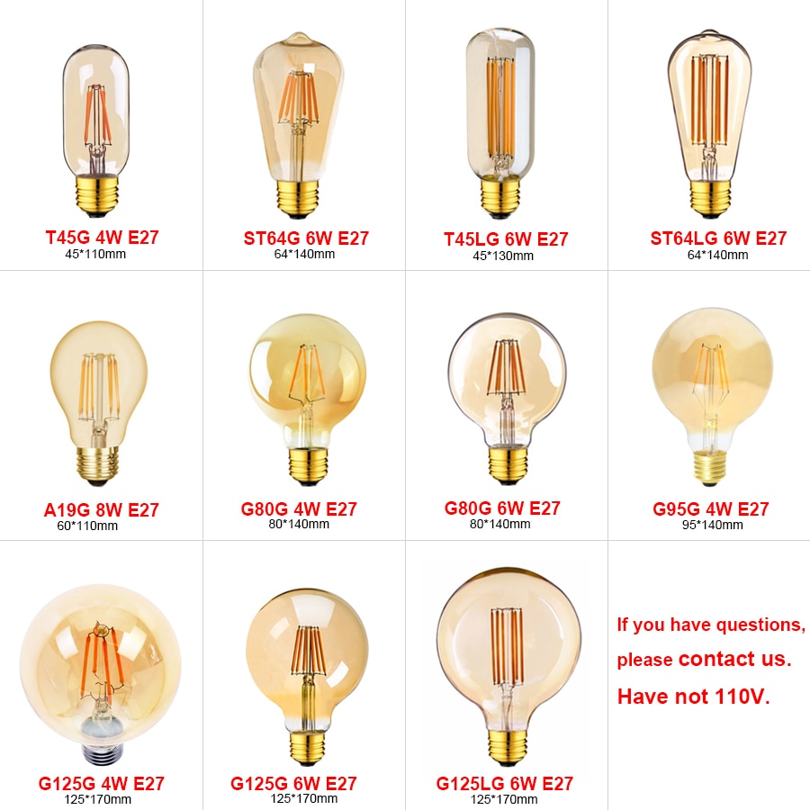 E14 E27 Led Dimmable Lamp 220V Gold Tubular Chandelier Night Lamp 0.5W 1W 2W 3W 4W 6W 8W 2200K Vintage LED Filament Light Bulbs