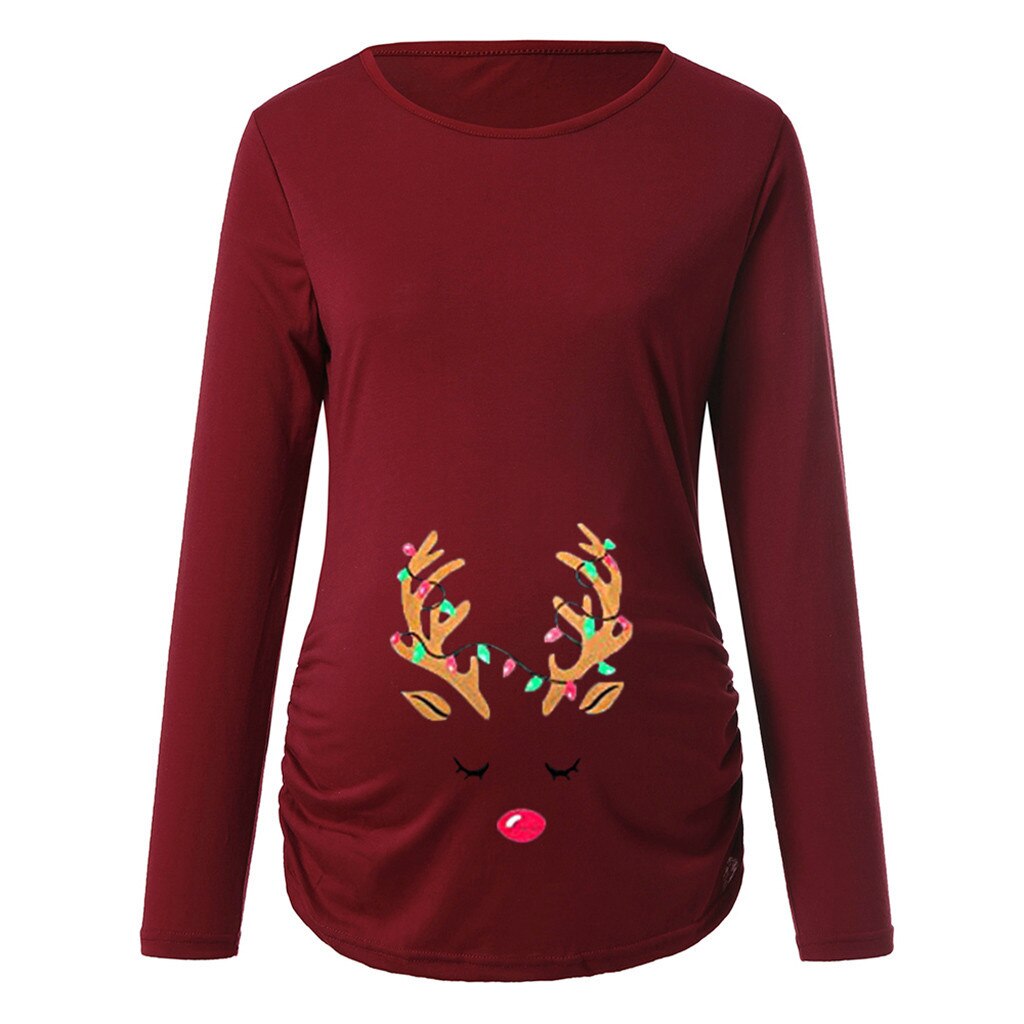 Christmas Maternity Clothing Women's Print Christmas Side Ruched Long Sleeve Maternity Top Pregnancy Clothes Maternity Blouse: RD / S