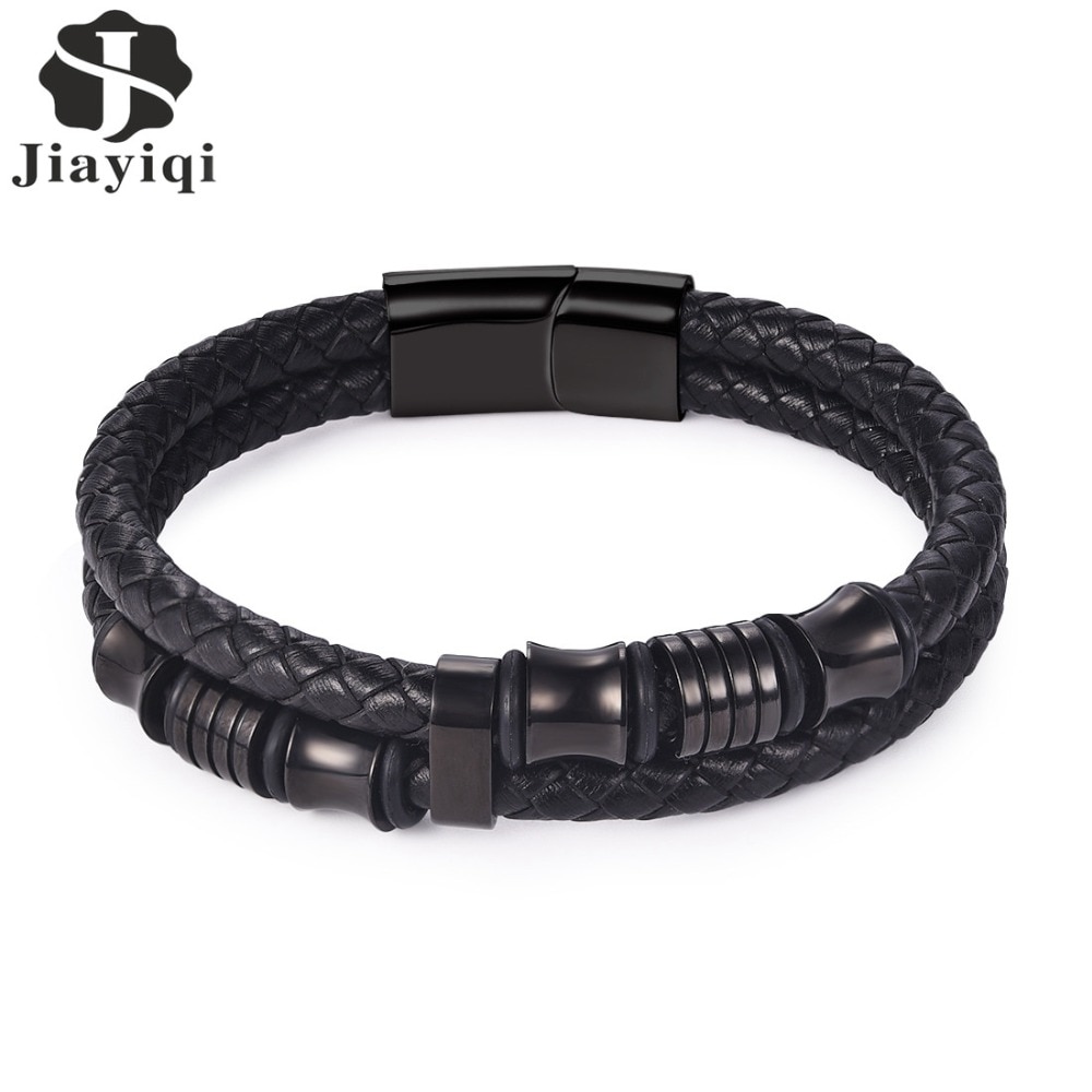 Jiayiqi Zwart Touw Ketting Lederen Armband Voor Mannen Sieraden Rvs Magnetische Sluiting Vintage Mannelijke Bangle 18/20/22Cm