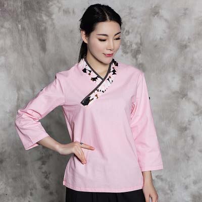 chef uniform Japanese service Kimono working wear Restaurant clothes: woman pink top / M