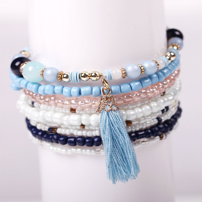 Boho Multilayer Beads Wrap Friendship Bracelets For Women Bead Tassel Charm Bracelet Femme Christams Jewelry Pulseras Mujer: Light Blue