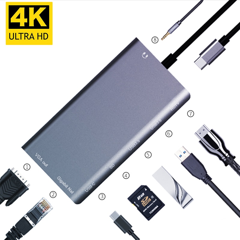 Huawei Dex modo ranura para tarjeta lector de 8 en 1 Adaptador para Macbook para Samsung tipo C Dock with a Rj45 Lan 4K HDMI VGA 2USB 3,0 SD