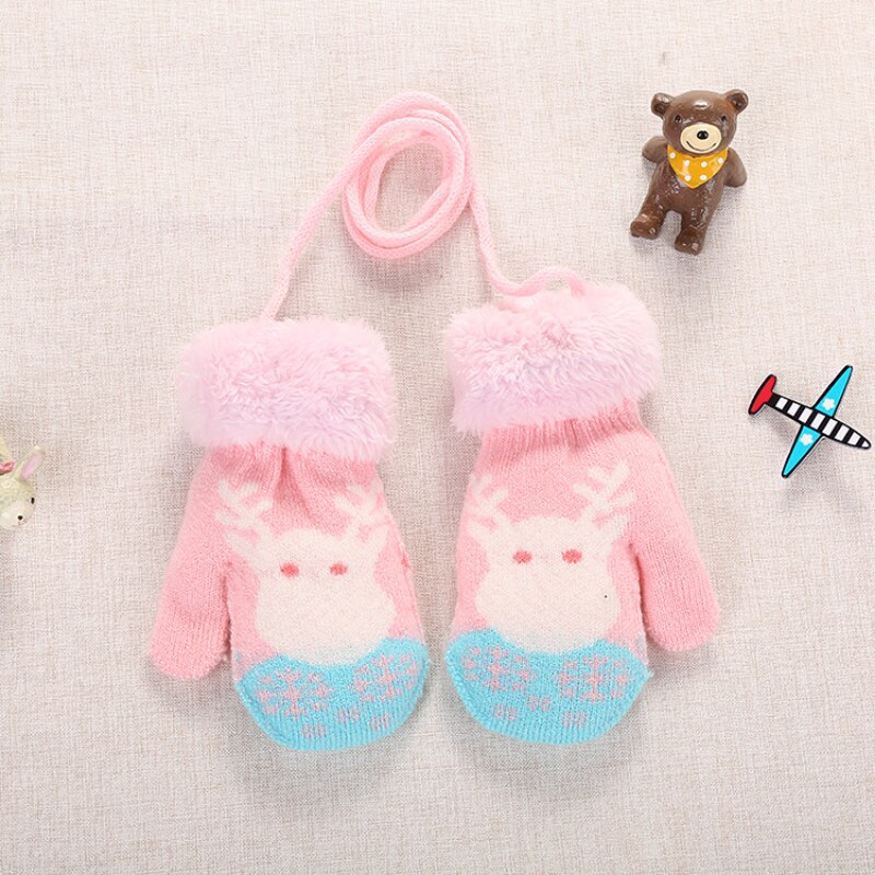 Guanti di lana in pile invernale alce carino di natale più guanti in velluto ispessimento a prova di freddo e guanti caldi per bambini 0-3 anni: Pink
