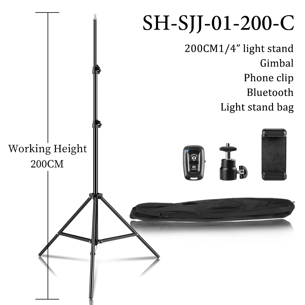 100/150/200cm Selfie treppiede fotografia 1/4 "vite Light Stand estensibile per fotocamera del telefono Softbox Ring Light, con supporto per telefono: Black