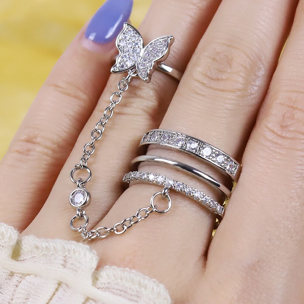 Double Finger Chain Rings for Women Alloy Adjustable Open Finger Ring Party Trend Jewelry