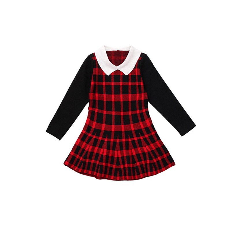 Preppy Style Kids Red Plaid School Dress Knitwear Girls Long Sleeve Cotton Knitted Dress Sweater Princess Slim Knitwear 13 To 4T