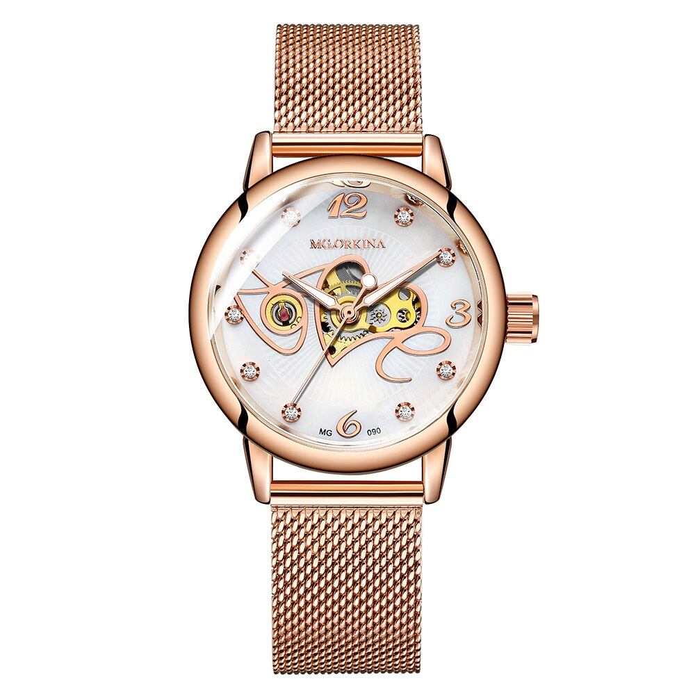 ORKINA Mechanische Frauen Armbinde Uhr Skelett Automatische Armbanduhr Gittergewebe Edelstahl Band Weibliche Uhr schick Reloj Mujer: 090 Rose M
