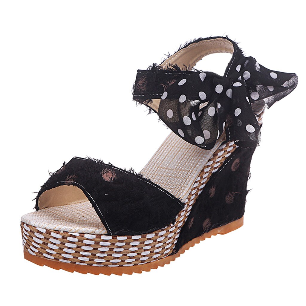 Kvinders damer platform kiler hæl sandaler prikkede snøresko fodtøj platform wedge slides strandsko chaussures: Sort / 36