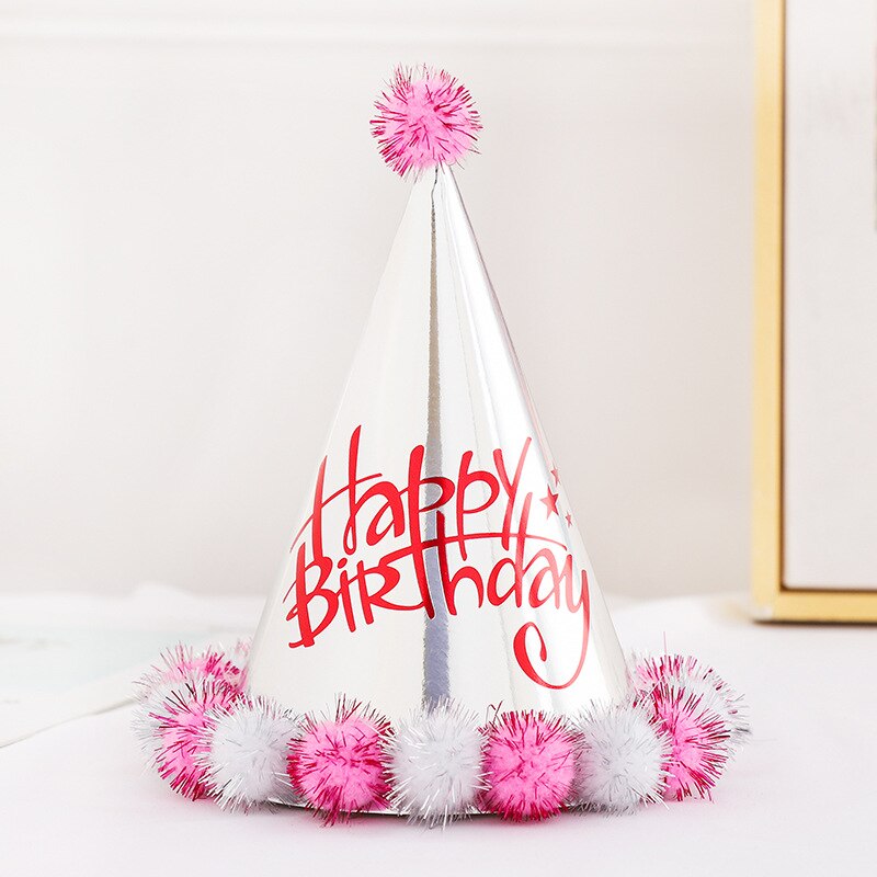 2pcs Birthday Cap Baby Kid Birthday Party Hat Child Crown Decoration Pompon Cap silver Birthday Hat Party decoration supplies: E 2PCS