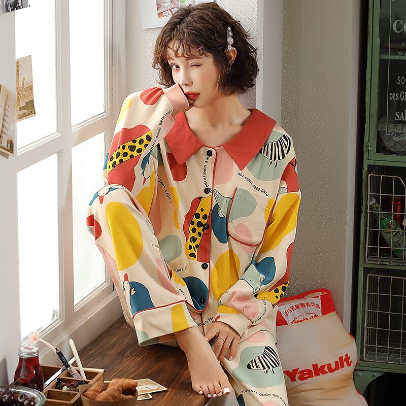 XIFER Spring Pajama Women Cartoon Printed Long Sleeve Pajamas Giraffe Cute Pajama Cardigan Knitted Cotton Ladies Female Homewear