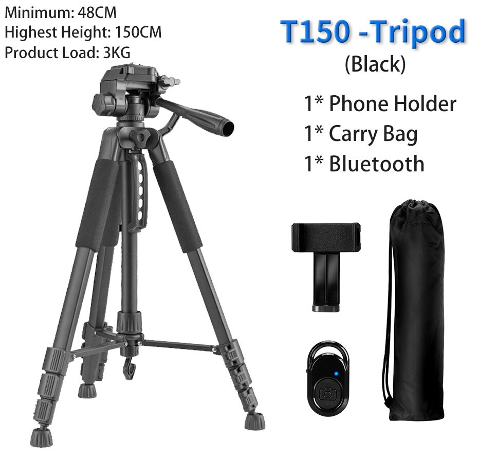 180cm kamerastativ til telefon med bæretaske fotografering mobiltelefonstativ med bluetooth fjernbetjening til video/dslr/canon: T150 blackall