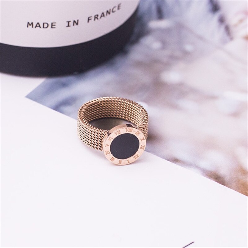 YUN RUO Rose Gold color 316L Titanium Steel Roman Numerals Woven Mesh Cheap Ring Woman Jewelry Never Fade