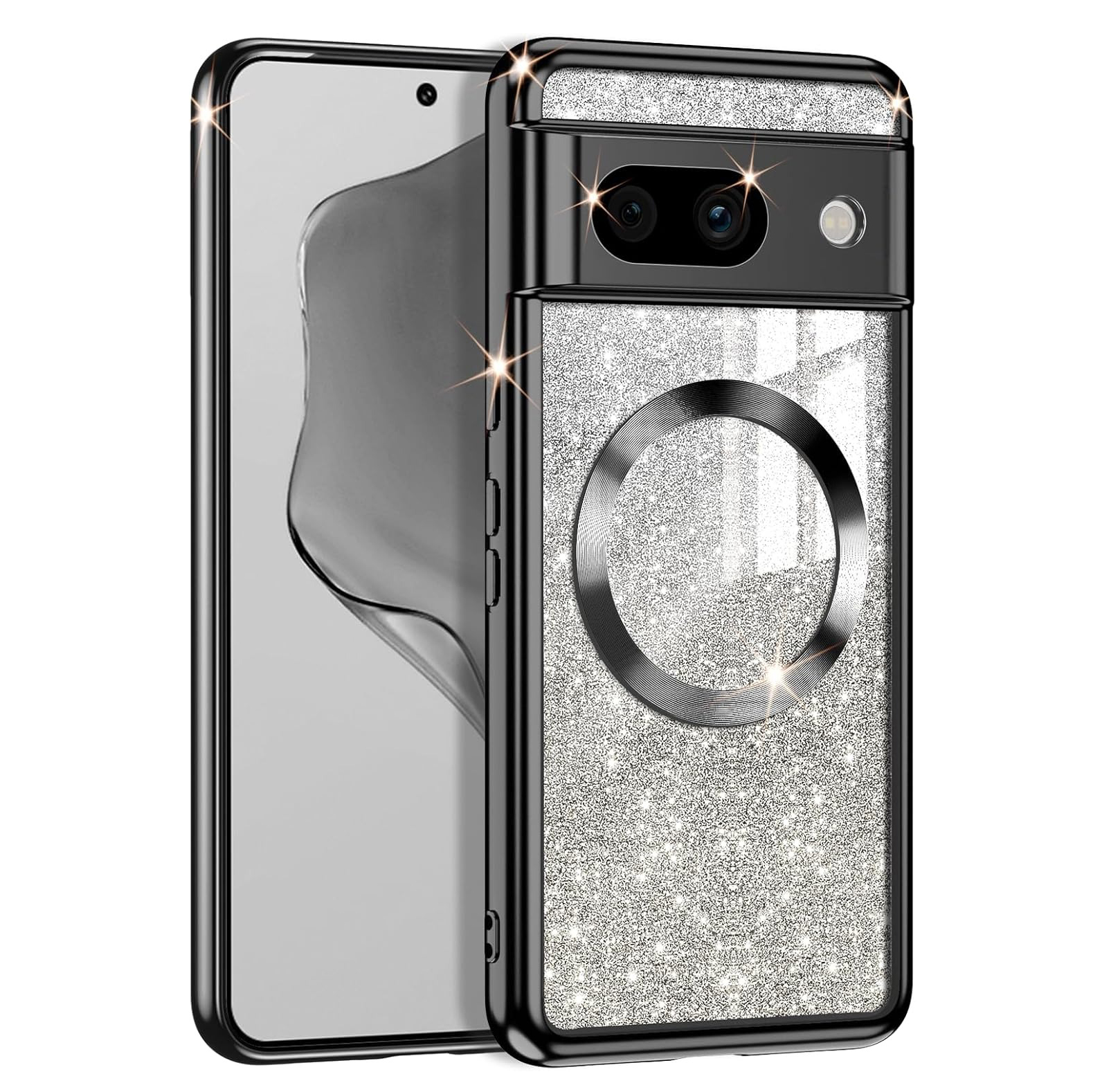 Glitter Transparent for Magsafe Phone Case for Google Pixel 9 9Pro 9 Pro XL 8 8 Pro 8A 9 9ProXL Slim Plating Shiny Soft Cover: Nylon / black