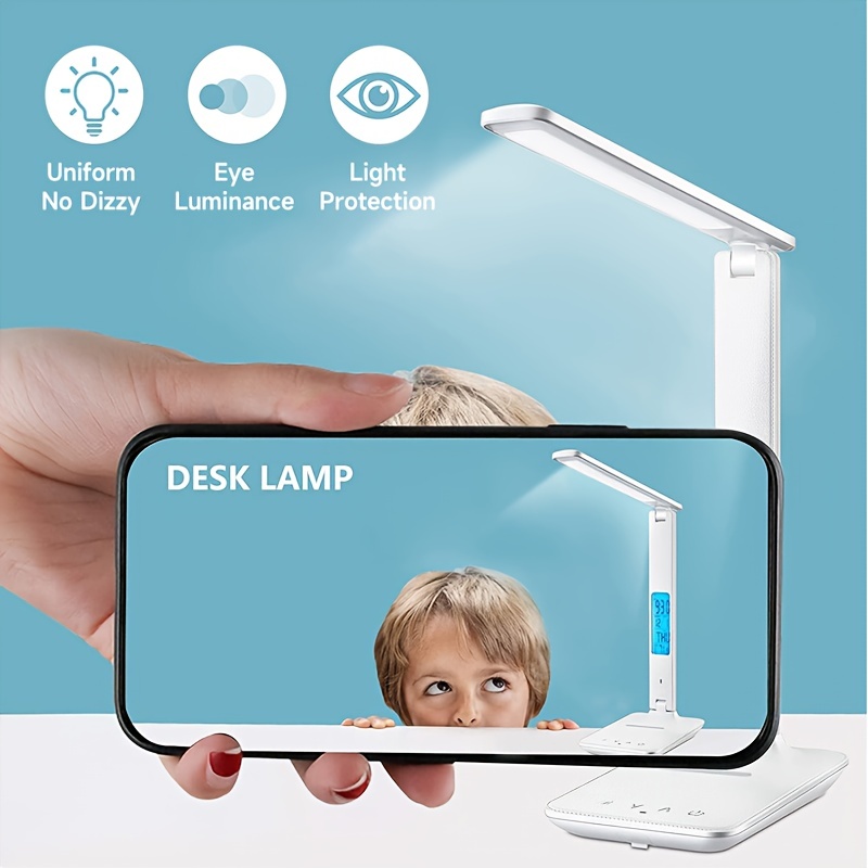 USB-LED-Schreibtisch lampe mit kabellosem Ladung kalender Temperatur Wecker Augenschutz Studie Lesen Geschäft hell Tisch lampe