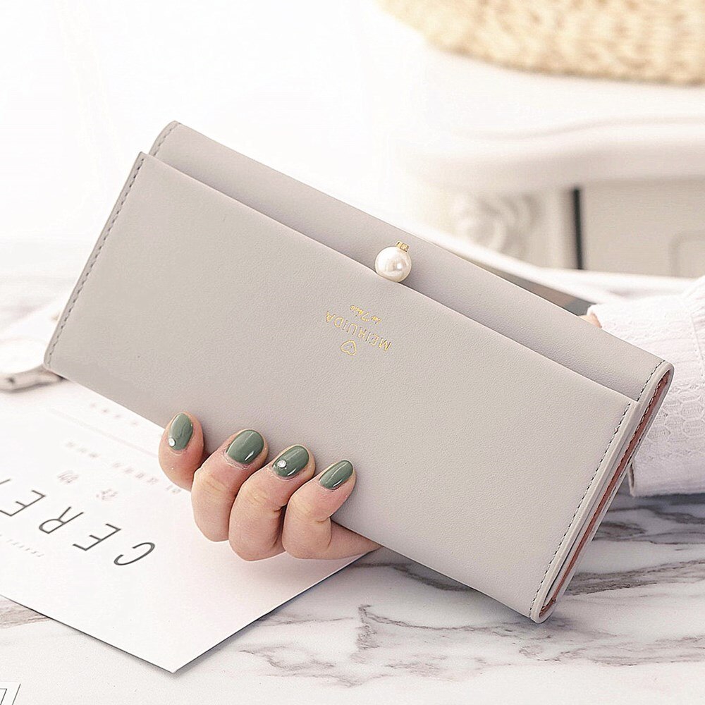 ! Women Long Wallet Casual Pearl Hasp Wallet Clutch Bag Card Holders Handbag: Light Grey