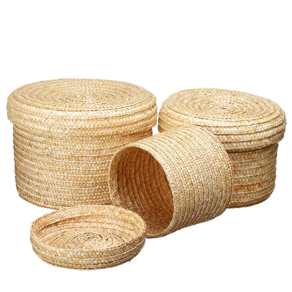 3 sztuk/zestaw ręcznie słomy pleciony koszyk z pokrywką przekąska organizator schowek kosze na pranie pojemnik ratanowy kosz na kwiaty
