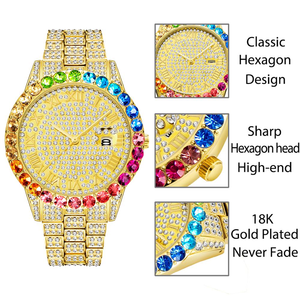 Reloj de oro arcoíris diamante para hombre, de lujo, oro de 18K, hecho a mano, de cuarzo y cristal de hielo