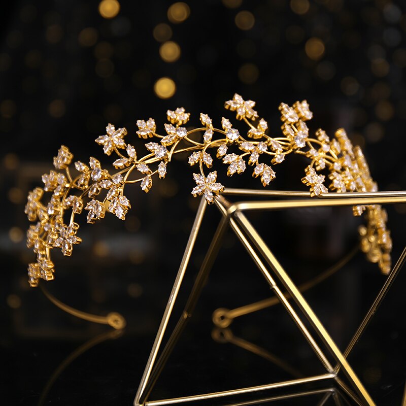 Gold Zircon Flower Crystal Tiara - Baroque Vintage Rhinestone Queen Princess Royal Crown - Bridal Diadem