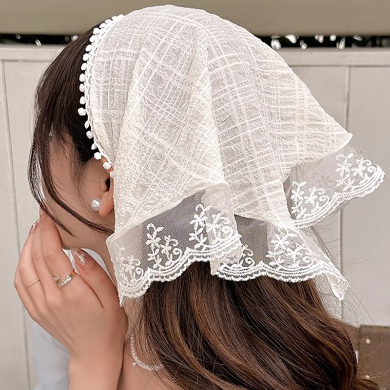 pañuelo para el pelo de encaje Floral tejido blanco o rosa, pañuelo triangular Retro para mujer, sombrero, foto de viaje, diadema, accesorios para el cabello