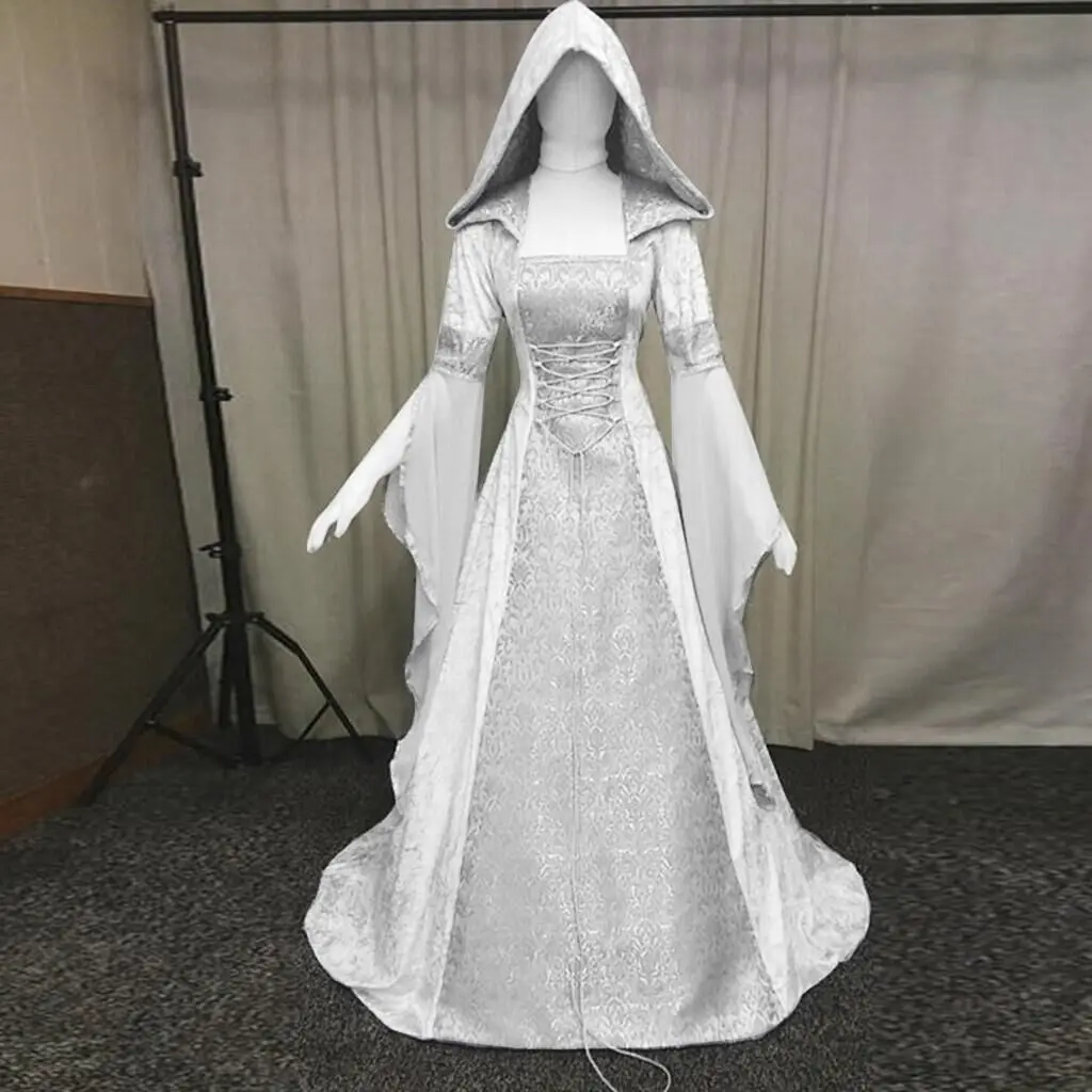 Abito da strega deluxe da donna, abito lungo con strascico medievale rinascimentale, costume da diavolo pagano per halloween, strega, abito da sposa con cappuccio