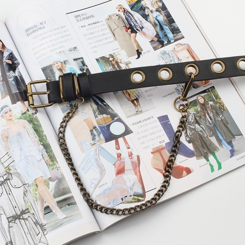 Women Punk Chain Belt Adjustable Single Row Hole Eyelet Waistband with Eyelet Chain Decorative Belts