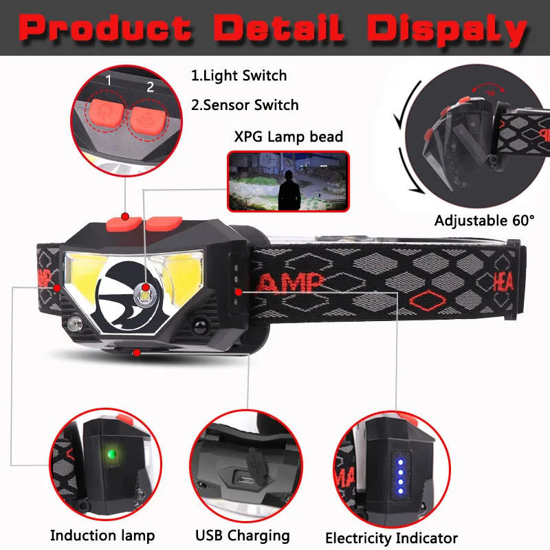 6 moduser bevegelsessensor xpe+kolbe ledet-hodelykt lommelykt usb oppladbar vanntett campinghodelykt løping fiskelykt