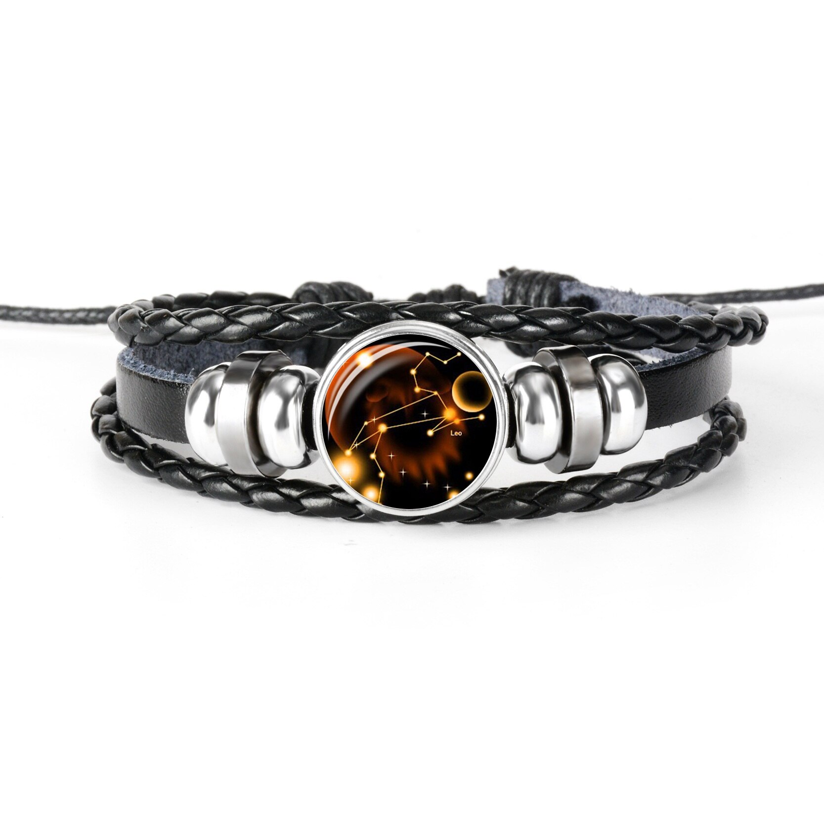 Zodiac Bracelet Charm Diy Jewelry Constellation Glass Metal Buckle Black Multilayer Leather Bracelet Women Men: Leo