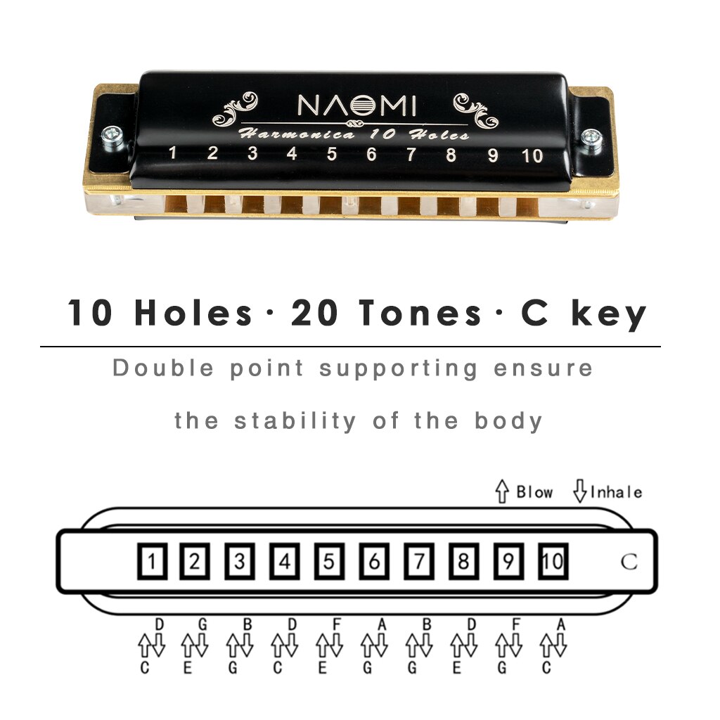 NAOMI – harpe professionnelle en bois de rose, 10 trous, Harmonica, bleu, diatonique, clé de C, acrylique, peigne en bois de santal, de noël