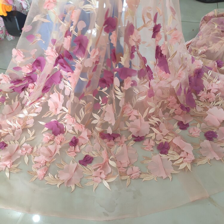 Three-dimensional Colorful Chiffon Flower Mesh Embroidery Fabric For Skirt Wedding Dress Fabric