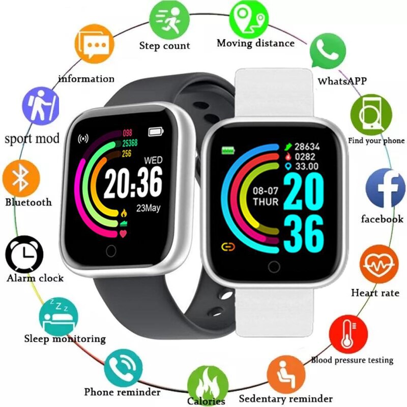 Montre connectée Y68 pour hommes et femmes, étanche, moniteur de fréquence cardiaque, de pression artérielle, Bluetooth, pour Android IOS