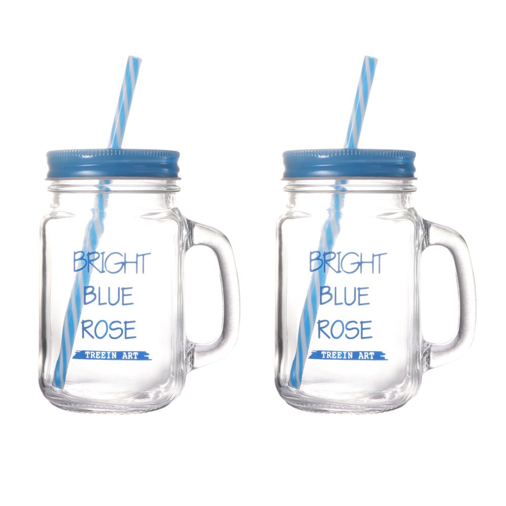 2 Stuks 500Ml Stro Mason Cup Zomer Draagbare Cup Glas Drinken Beker Met Stro Deksel (Blauw)