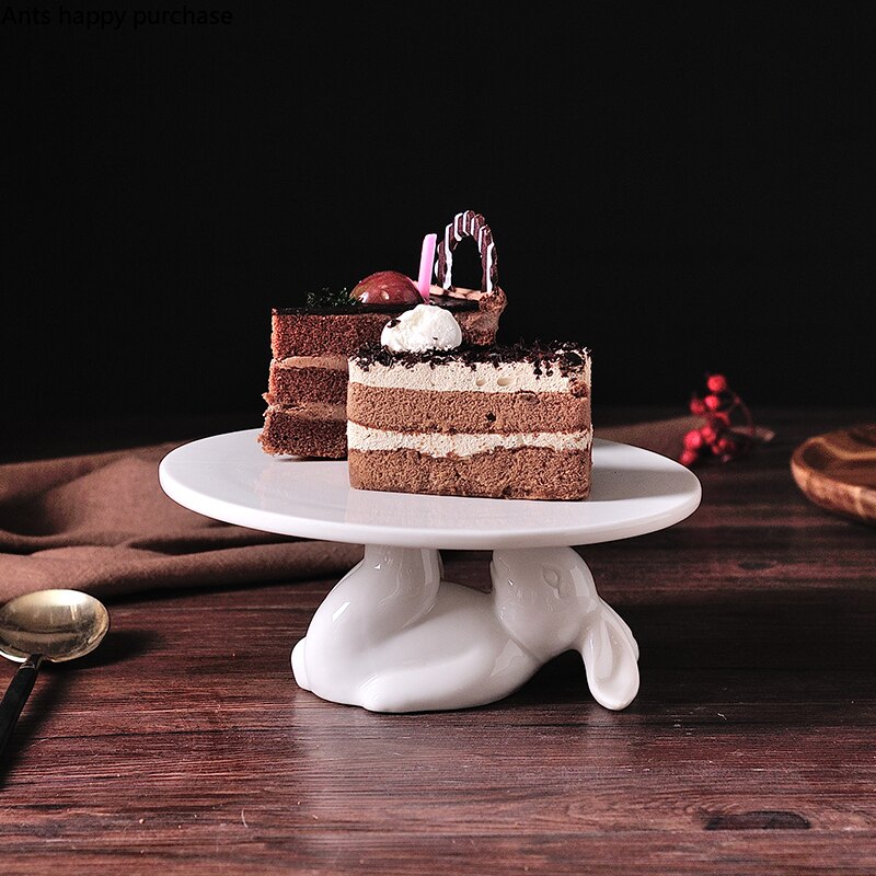Tall Voeten Keramische Cake Pan Leuke Konijn Cake Lade Snack Cake Stand Decoratie Display Stand Wit Brood Dessertbord Sushi plaat