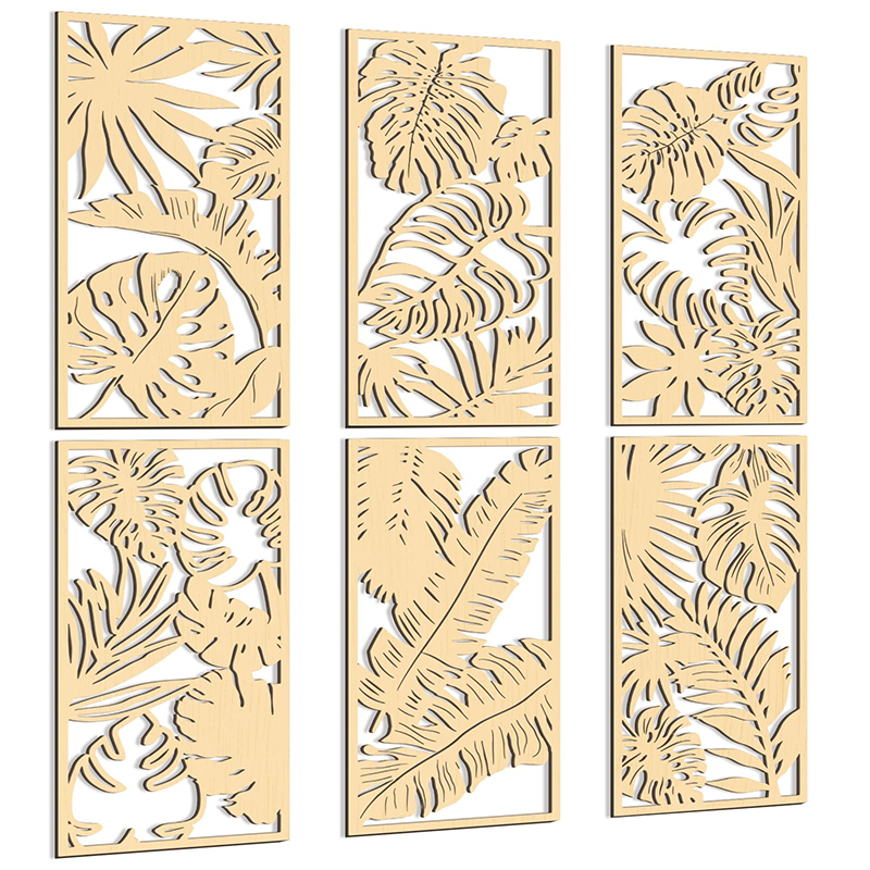 Decoración de pared artística hueca de madera 3D, planta de hoja de palma tallada en madera bohemia, adornos colgantes de pared, decoración Vintage para el hogar y la Oficina