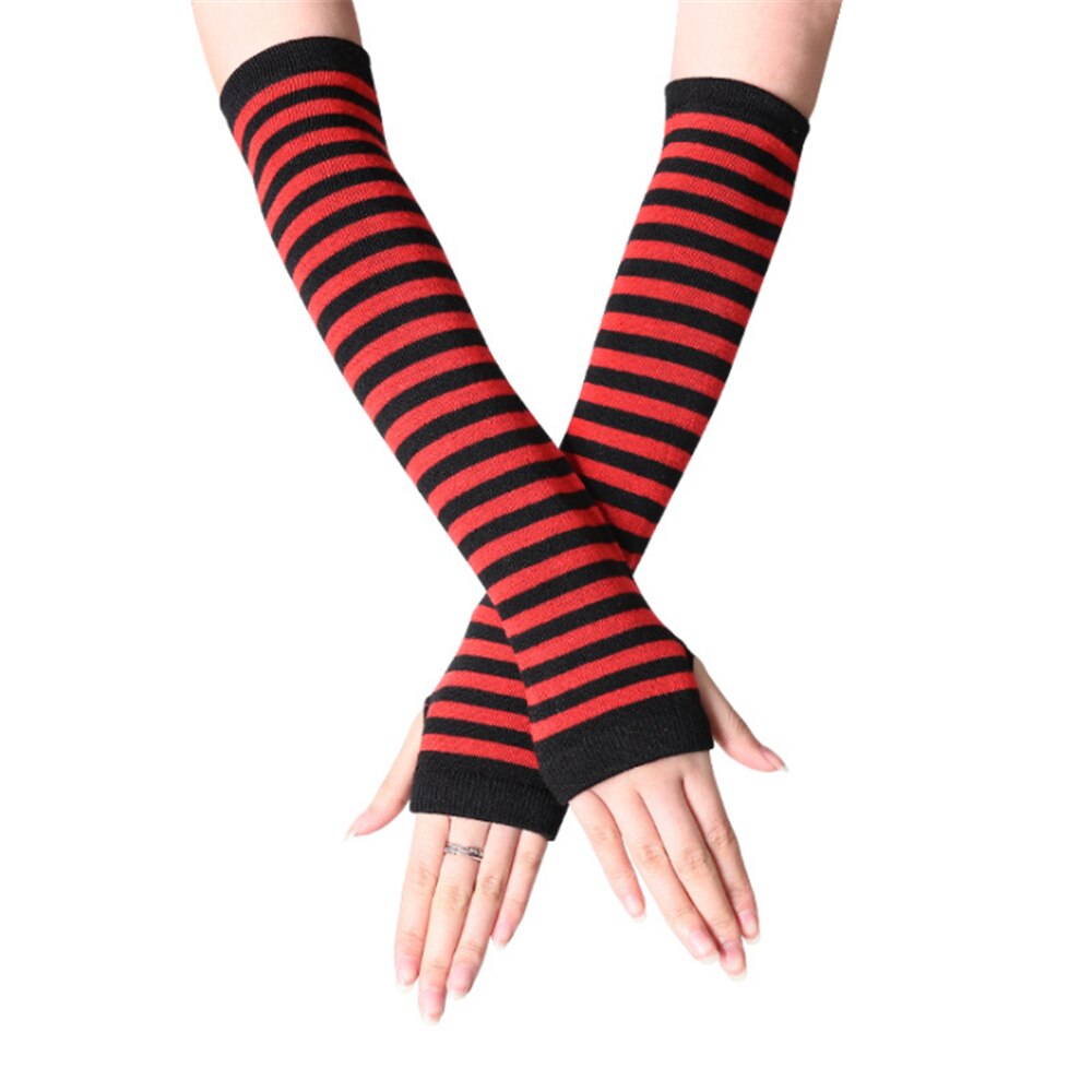 Guanti lunghi senza dita a righe da donna per ragazze guanti classici a gomito in cotone lavorato a maglia scaldamuscoli manica lunga Handschoenen: black-red