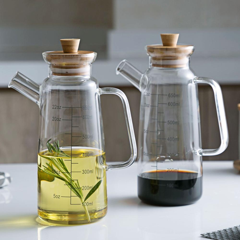 650ml glas olivenolie flaske eddikebeholder køkken sojasovs flaske glas eddike opbevaringsflaske med bambus låg