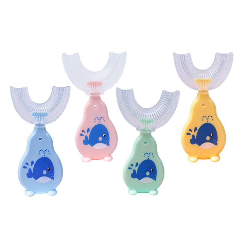 4 pces crianças 360 graus u-forma escova de dentes manual dos desenhos animados padrão escova de dentes para 2-12y crianças com cabeça de silicone macio