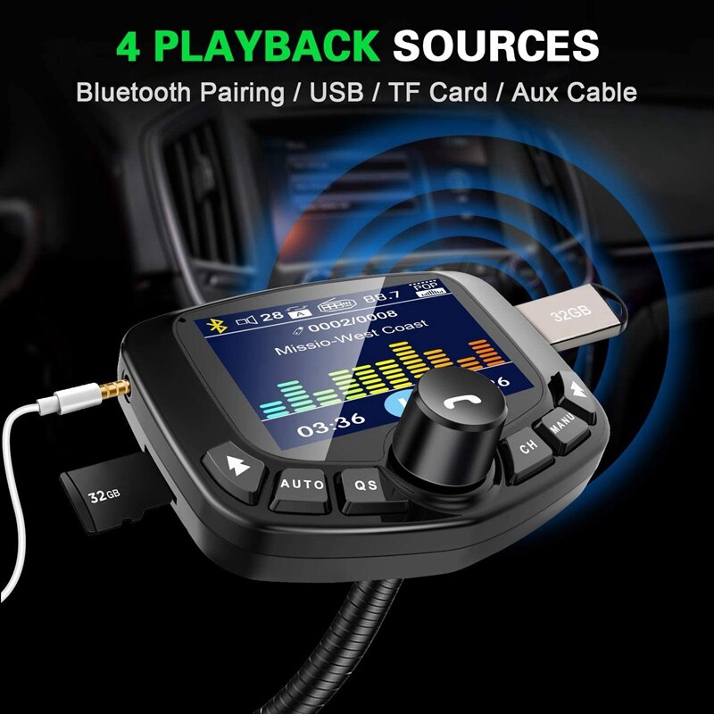 Bluetooth Fm-zender Voor Auto 1.8Inch Scherm Draadloze Radio Adapter Handsfree Car Kit Met QC3.0 & 5V2.4A Opladen