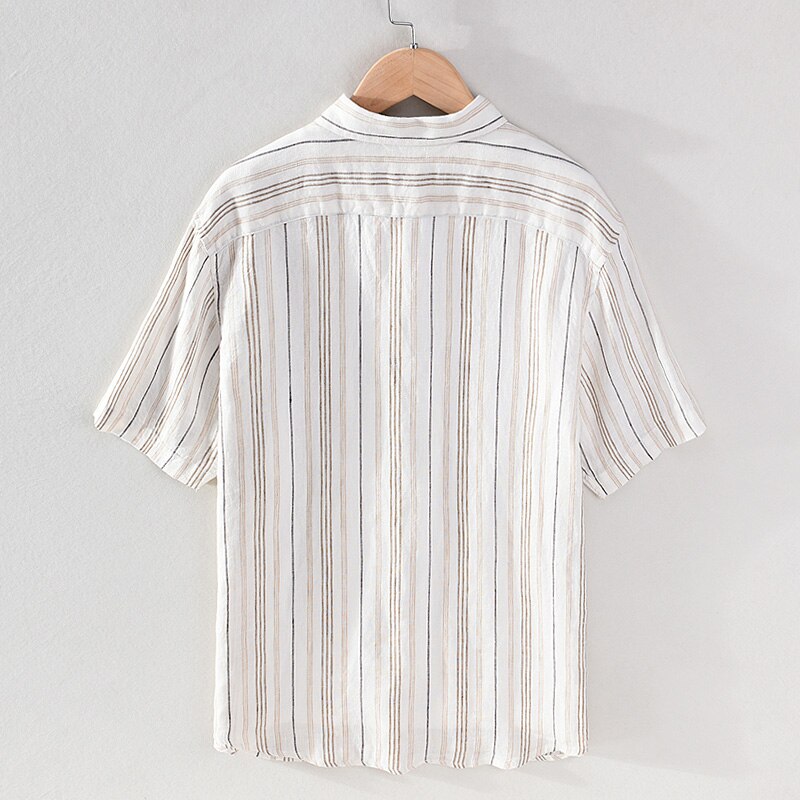 100% Linen brand stripe shirt men comfortable short sleeve shirts for men tops mens clothes camisa chemise