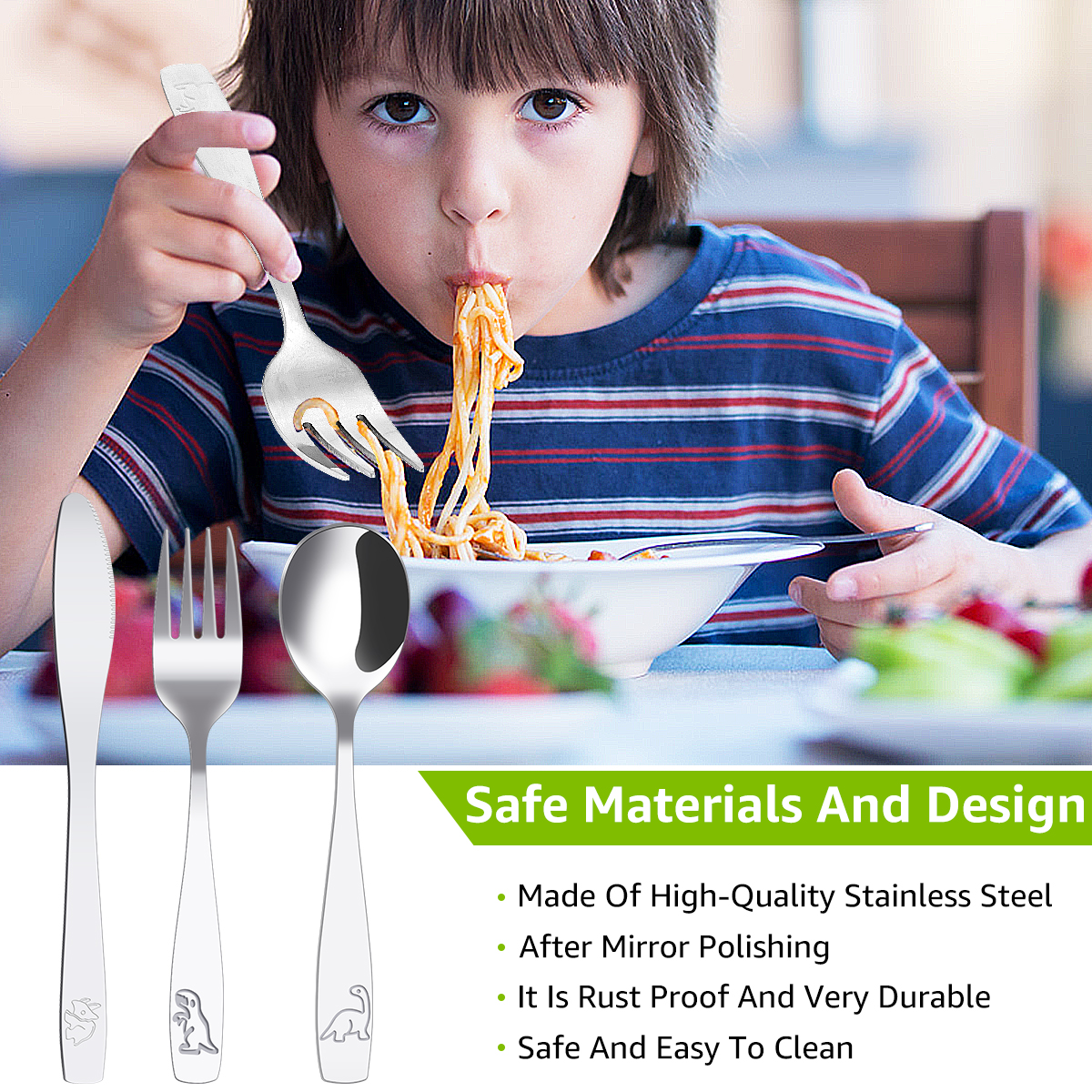 9/15Pcs Kids Silverware Set 410 Stainless Steel Kids Fork Spoon and Cutter Set Funny Dinosaur Flatware Set for Children Toddler