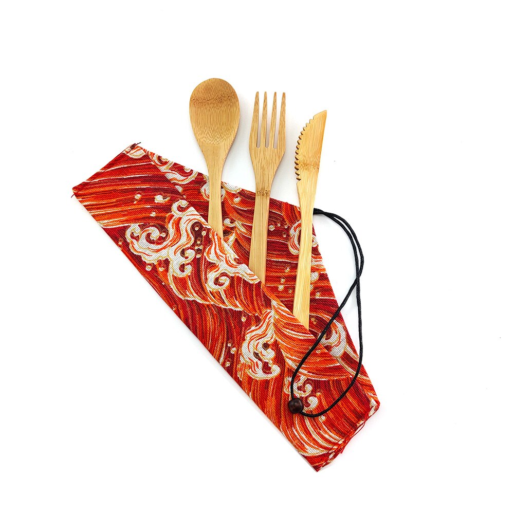 Bamboo Portable Reusable Utensils With Nylon Toothbrush Bamboo Case Travel Cutlery Set Camping Utensils Fork Spoon Knife Set